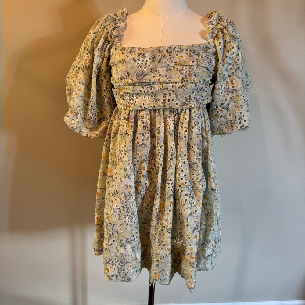MABLE Light Blue Floral Dress with Puff Sleeves